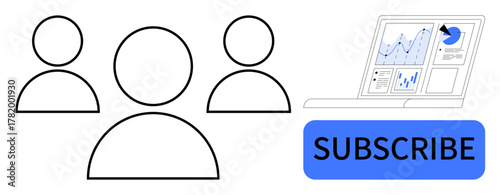 Three user icons beside a laptop showcasing analytics with a subscription prompt. Ideal for teamwork, subscriptions, data analysis, collaboration, communication, marketing, audience engagement