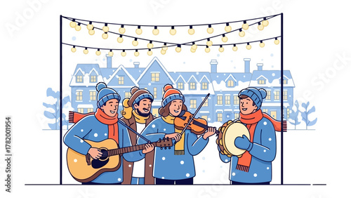 A Festive Winter Harmony: A joyful group of musicians creates a merry atmosphere in a snowy outdoor scene, complete with decorative lights and winter outfits.