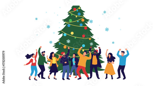 Holiday Cheer and Festivities: A group of people gather around a brightly decorated Christmas tree, celebrating the holiday season with joy and enthusiasm. Capturing the spirit of togetherness.