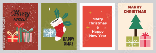 Four festive christmas and new year greeting card designs with colorful illustrations and holiday wishes