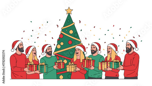 Christmas Gift Exchange: A festive scene unfolds as a group of individuals exchange beautifully wrapped gifts beneath a brightly adorned Christmas tree.