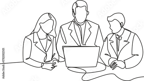 Continuous One Line Drawing of a Business Team in a Meeting - business people, laptop, vector illustration, minimalist, single line drawing, strategy, working together, brainstorming, modern design, 
