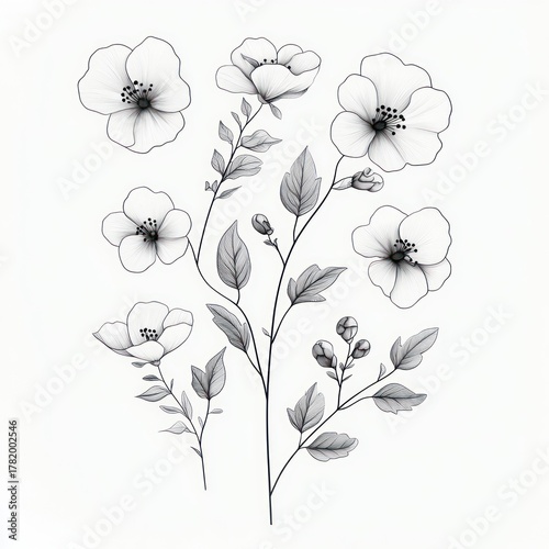 Black and white delicate botanical illustration of multiple blooming flowers with detailed petals, leaves, and buds on slender stems, evoking elegance and simplicity