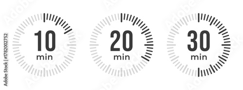 Set of timer and stopwatch icons representing time tracking, countdown, and duration for various activities such as cooking and planning.