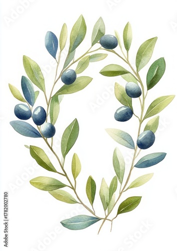 Watercolor illustration of an oval wreath made of green and blue olive leaves with dark blue olives scattered throughout