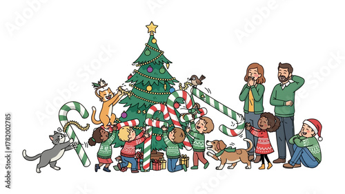 Joyous Holiday Scene: A heart-warming illustration of a family and their pets uniting to decorate a christmas tree, evoking feelings of joy, togetherness, and holiday spirit.