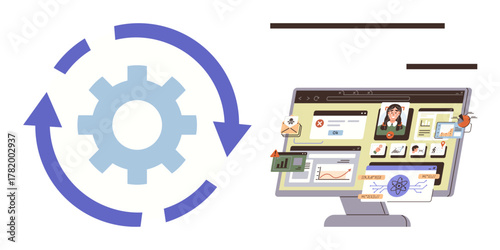 Gear with circular arrows beside a monitor showcasing data charts, user profiles, and alerts. Ideal for automation, workflow, optimization, productivity, system integration, technology business