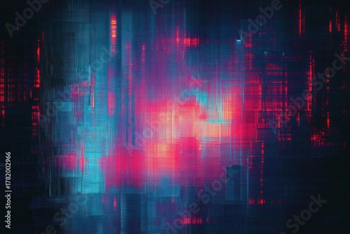 Abstract digital artwork with vibrant red, pink, and blue light streaks forming a complex grid pattern creating a futuristic and dynamic glowing effect