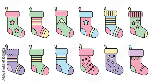 Collection of cute pastel Christmas stockings with various patterns.