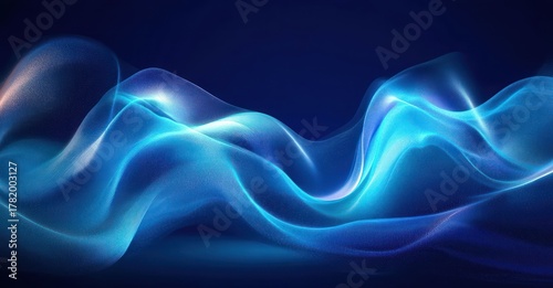 Abstract flowing blue waves of light with translucent and glowing particles on a dark background conveying motion and energy