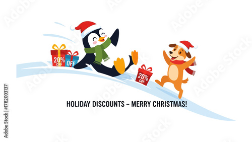 Winter Holiday Festivities: Festive penguin and dog with santa hat enjoy sledding in the snow with gift boxes. A season of joy and celebration.