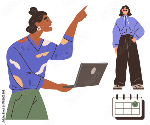 Confident woman pointing while holding a laptop, another casually dressed woman stands near a calendar. Ideal for teamwork, planning, collaboration, scheduling, confidence, coordination