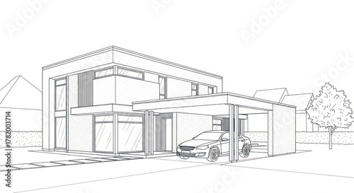 Modern house architectural drawing with carport and vehicle outline