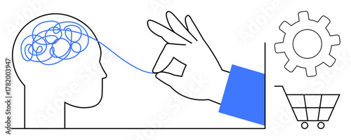 Hand untangling brain s tangled lines, suggesting problem-solving or clarity. Includes cart, gear, human head. Ideal for mental health, innovation, strategy, shopping clarity productivity