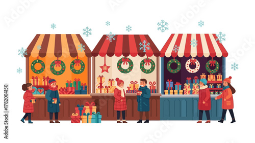 Festive Marketplace: A vibrant Christmas market scene, bustling with shoppers and decorated stalls filled with holiday treasures, creating a joyful and seasonal atmosphere.