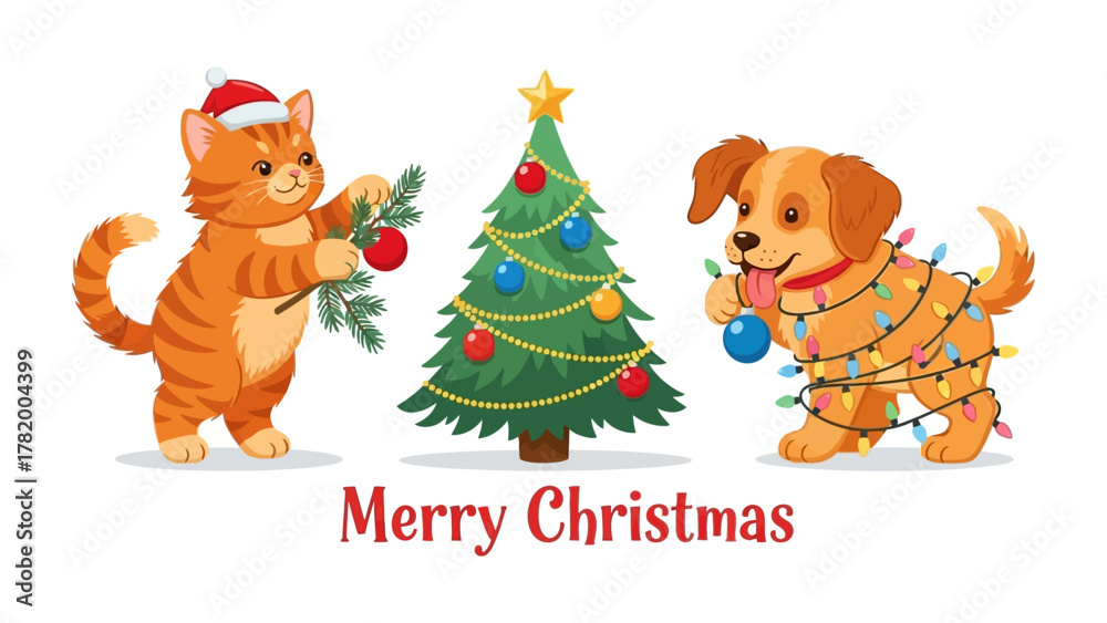 Fototapeta premium Christmas cheer shared by cat and dog: A vibrant depiction of the holiday spirit, featuring a playful kitten and a joyful puppy adorning a Christmas tree, radiating warmth and merriment.