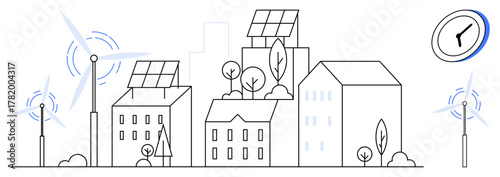 Modern urban landscape with buildings featuring solar panels, wind turbines, trees, and clock. Ideal for sustainability, clean energy, urban development, green living, technology innovation simple