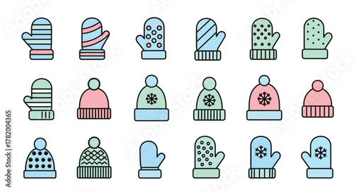 Winter wear: mittens and hats in a variety of colors and designs.