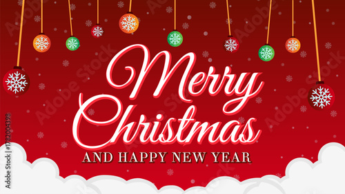 A Merry Christmas Greeting Template in red color background with Snowfall and Christmas Ball decorations.
