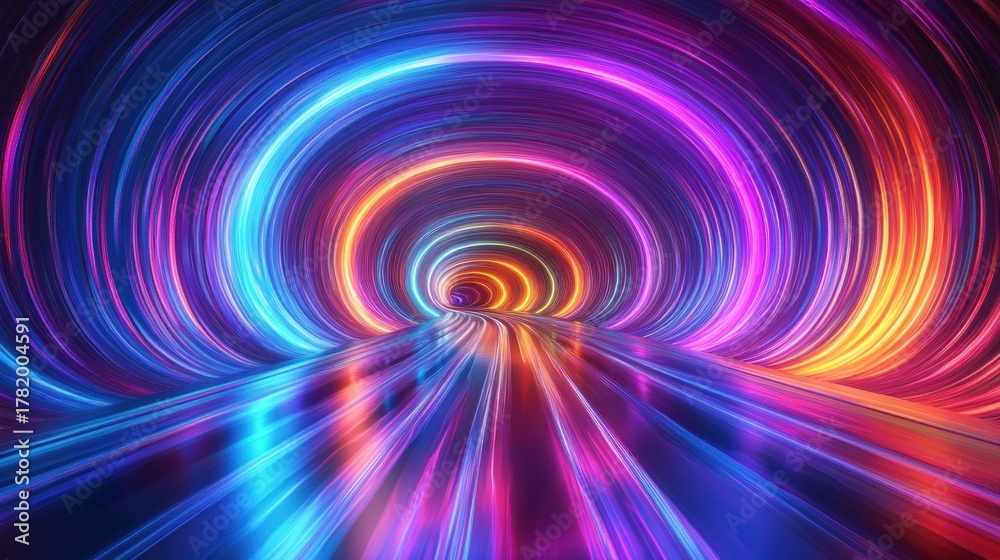 Obraz premium Vibrant glowing circular tunnel with bright multicolored neon lights reflecting on a smooth futuristic pathway evoking motion and energy