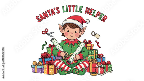 Christmas Elf with Gifts: A cheerful elf, donning a festive hat and attire, sits amidst a vibrant array of wrapped presents, embodying the joy and anticipation of the holiday season.