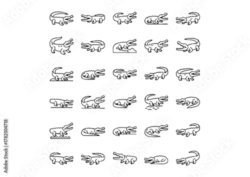 Vector Crocodile and Alligator Icons Collection, Black and White Reptile and Gator Line Art Set, Unique Crocodilian Icons - Thick Line Style