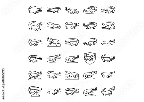 Vector Crocodile and Alligator Icons Collection, Black and White Reptile and Gator Line Art Set, Unique Crocodilian Icons - Thick Line Style