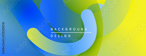 Abstract fluid shapes, vibrant blues, greens, yellows create dynamic background. Modern design elements overlap, offering visual interest.