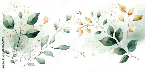 soft watercolor painting of green and golden leaves with delicate branches and golden splatter accents conveying calm and elegance