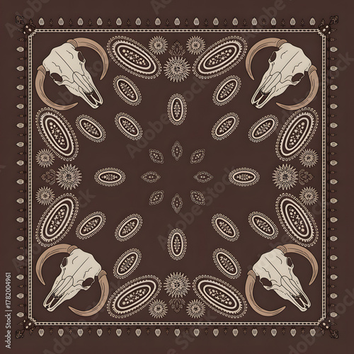 Square scarf with cow skulls and flower elements in brown tones offers rustic charm