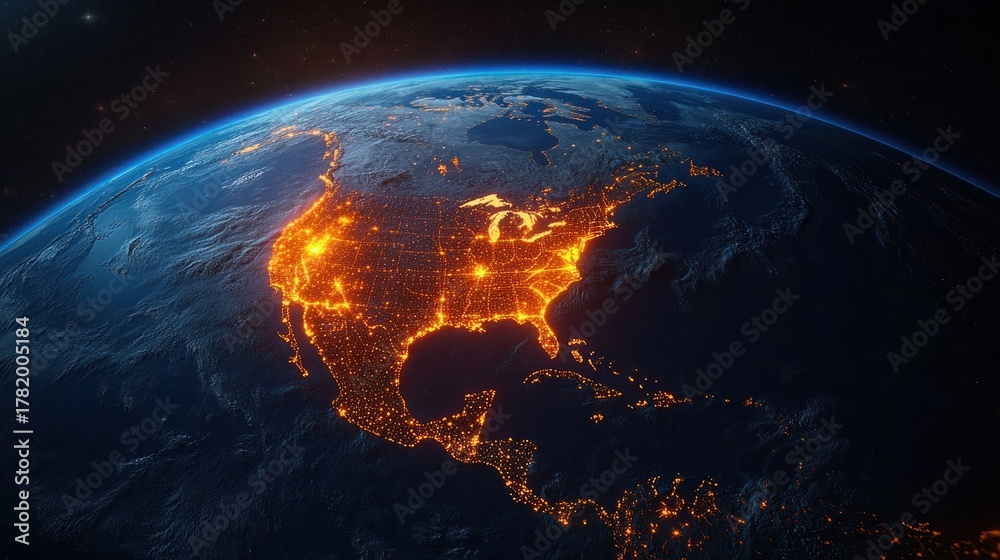 Obraz premium Satellite view of North America at night showing city lights illuminating the United States, Mexico, Canada, and parts of Central America with a glowing atmosphere