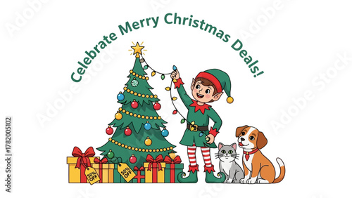 Festive Cheer: A cheerful elf decks the halls, adorning a Christmas tree, as a kitten and puppy eagerly anticipate the holiday spirit. Capturing the season's magic with delight and fun!