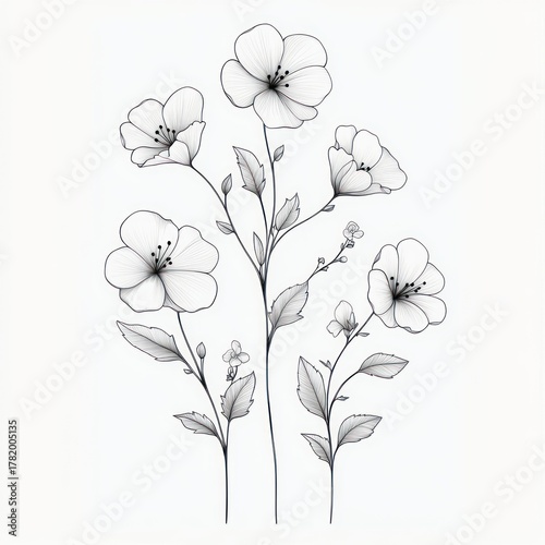 Delicate black and white line drawing of blossoming flowers with slender stems and detailed leaves, evoking elegance and simplicity