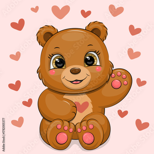 Cute cartoon brown Bear with hearts. Vector illustration of animal on pink background.