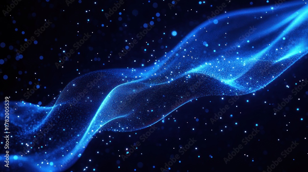 Obraz premium Glowing blue wave of particles flowing in a dark space, creating a dynamic and ethereal effect with sparkling dots surrounding the smooth ribbon