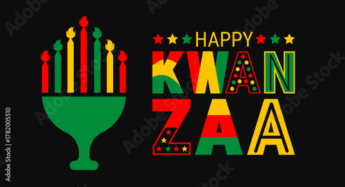 Celebrate Kwanzaa with vibrant red, green, and yellow colors! A festive design featuring the kinara candles and bold Happy Kwanzaa text to honor African culture, unity, and heritage during the holiday