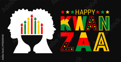 Celebrate Kwanzaa with vibrant red, green, and yellow colors! A festive design featuring the kinara candles and bold Happy Kwanzaa text to honor African culture, unity, and heritage during the holiday
