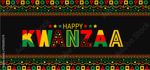Celebrate Kwanzaa with vibrant red, green, and yellow colors! A festive design featuring the kinara candles and bold Happy Kwanzaa text to honor African culture, unity, and heritage during the holiday