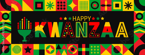Celebrate Kwanzaa with vibrant red, green, and yellow colors! A festive design featuring the kinara candles and bold Happy Kwanzaa text to honor African culture, unity, and heritage during the holiday