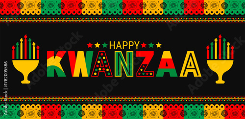 Celebrate Kwanzaa with vibrant red, green, and yellow colors! A festive design featuring the kinara candles and bold Happy Kwanzaa text to honor African culture, unity, and heritage during the holiday