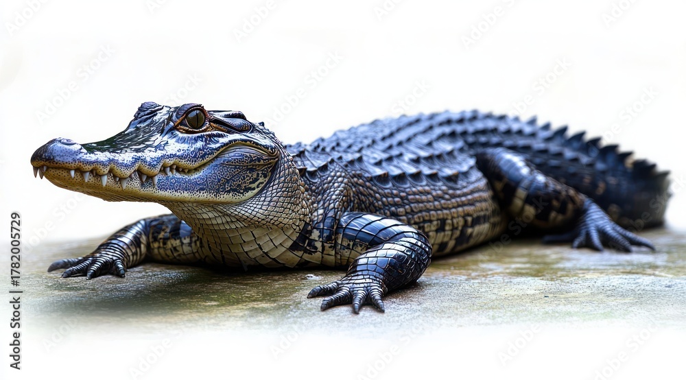 Naklejka premium Close-up of a young alligator resting on a textured surface with detailed scales and a calm expression in bright natural light