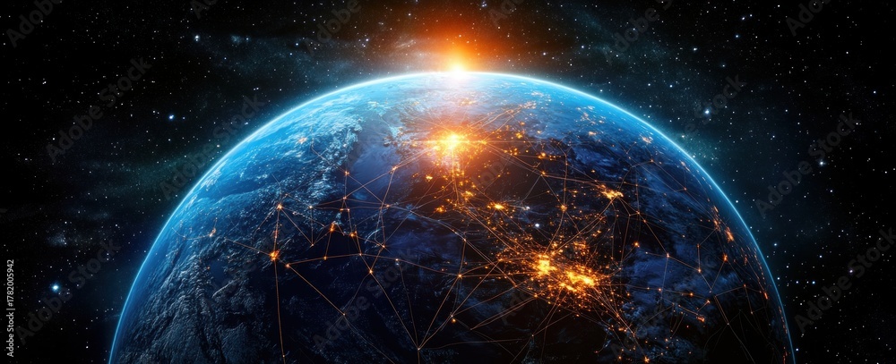 Fototapeta premium View of planet Earth from space showing illuminated network connections and vibrant city lights with the sun rising at the horizon against a starry background