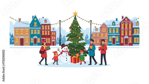 Winter Wonderland Scene: Capture the joy of a winter scene, a snowman, a Christmas tree, and happy family, embodies the spirit of festive season, as well as the magic of togetherness