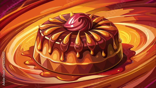 Very beautiful close-up of a chocolate dessert on a colored background, featuring glossy texture, rich chocolate tones, and warm natural light creating a realistic and visually appealing dessert scene