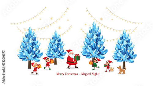 Santa's Enchanted Forest: A festive illustration depicts a whimsical Christmas scene, with Santa Claus distributing gifts amidst radiant Christmas trees and joyful elves.