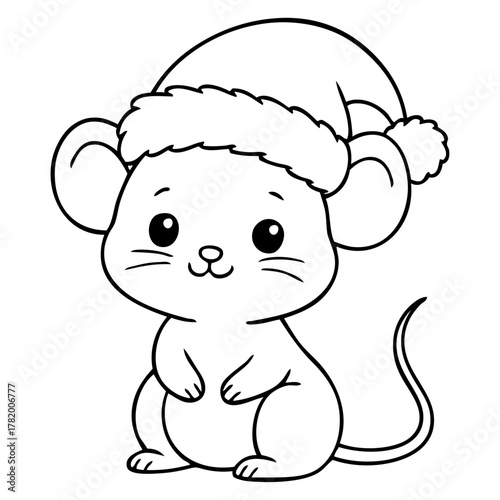 Dibujo sencillo con líneas de ratón simpático con sombrero de Santa Claus para tarjetas y felicitaciones de Navidad