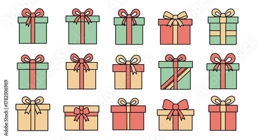 A collection of festive gift boxes with ribbons and bows, presented in a grid layout.