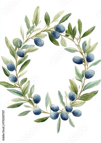 Delicate circular wreath of green olive branches adorned with clusters of dark blue olives on a white background