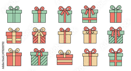 A collection of colorful gift boxes with various ribbon designs, perfect for celebrations and holidays.