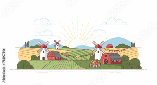 Idyllic countryside panorama with traditional windmills, barns, and golden fields at sunrise